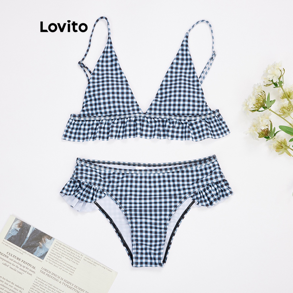 Lovito Set De Bikini Boho Liso Volante Skinny Estiramiento Ligero