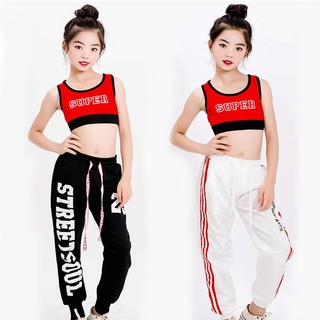 Image of HPMC Ready Stock Kids Girls Tank Top Vest Jogger Pants Set Hip Hop Clothing Streetwear Dance Practice Clothes Sportswear Stage Performance Costume 4-16 Years