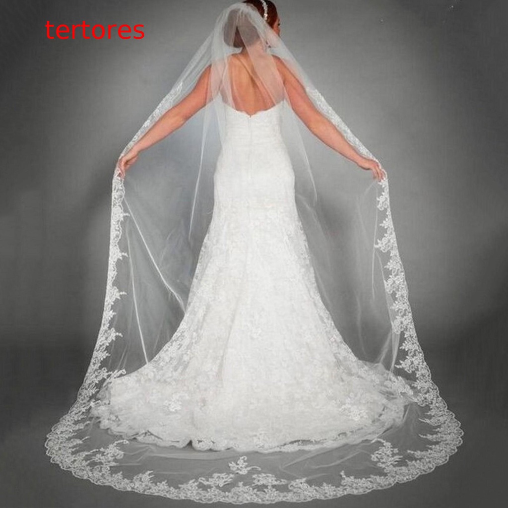 【 tertores Encaje De Boda Para Mujeres Velos Largos Con Peine De Novia Floral Catedral Suministros #4