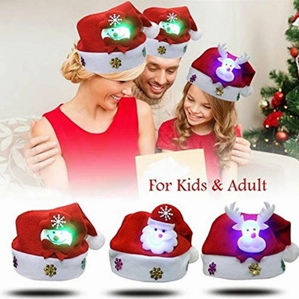 Gorra de Navidad 4 unids LED Corbata no Tejida Tela Santa Sombrero para niños Adultos niñas niños Fiestas de Navidad QKURT Conjunto de Navidad 