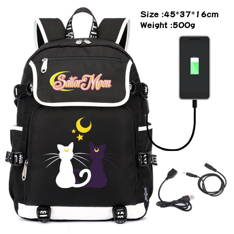 Sailor Moon Diana Luna Mochila Estudiante De Dibujos Animados Lona Bolsa De La Escuela De Carga USB Salvaje Negro Niños Flip Regalo #1