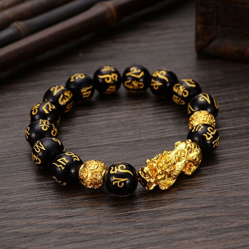 cierre magnético de acero inoxidable en dorado Regalo para hombres y mujeres Pulsera trenzada de piel auténtica 6 obsidiana, 22cm Katomi Feng Shui Obsidian Pi Xiu 