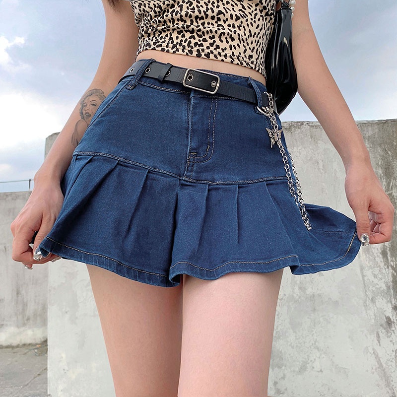 Harajuku Mujeres Denim Mini Falda Plisada Verano Cintura Alta Pantalones Cortos Faldas | Shopee Colombia