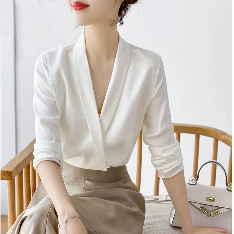 Túnica De Mujer Primavera Otoño Cuello En V Top Color Sólido Blusas Elegantes Oficina Seda Satén Negro Manga Larga Camisa | Shopee