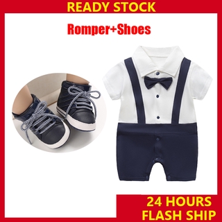 Image of W6KJ Baby Boy Gentlemen Christening Formal Romper and Shoes 2pcs Set Toddler Onesie Formal Outfit Baptismal Baby Boy Costume