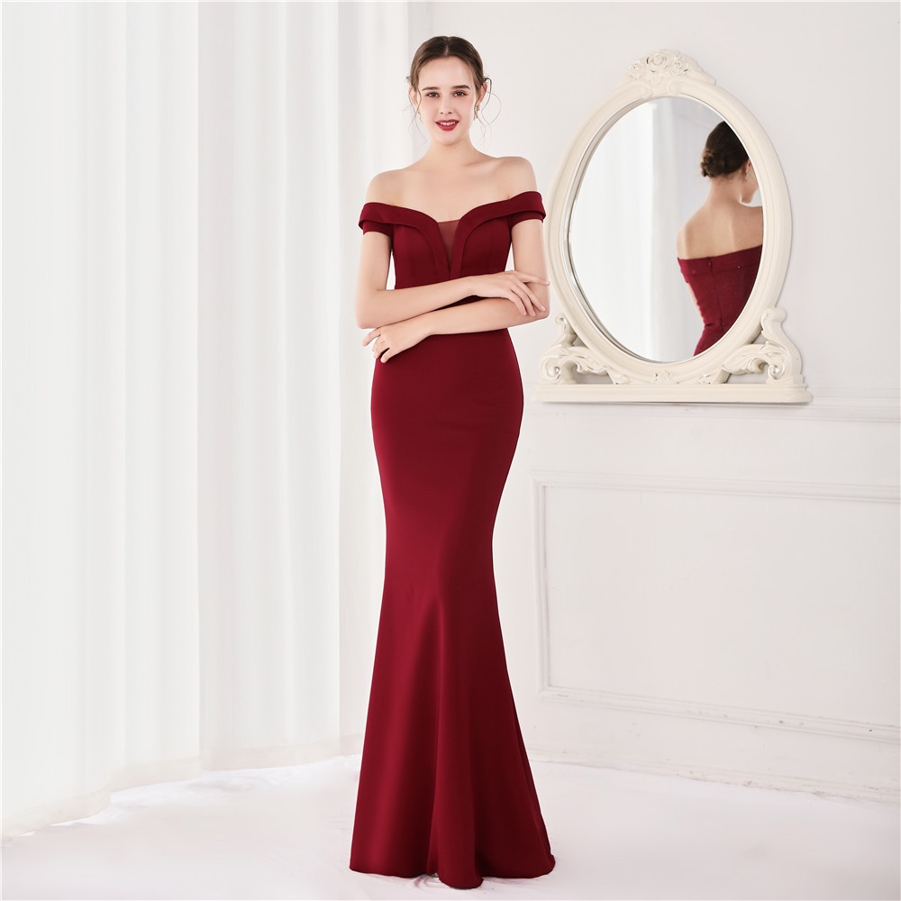 Boda Nuevo Vestido Rojo Largo Cuello V Vestidos Cóctel Dama De Honor De Novia Fiesta | Shopee