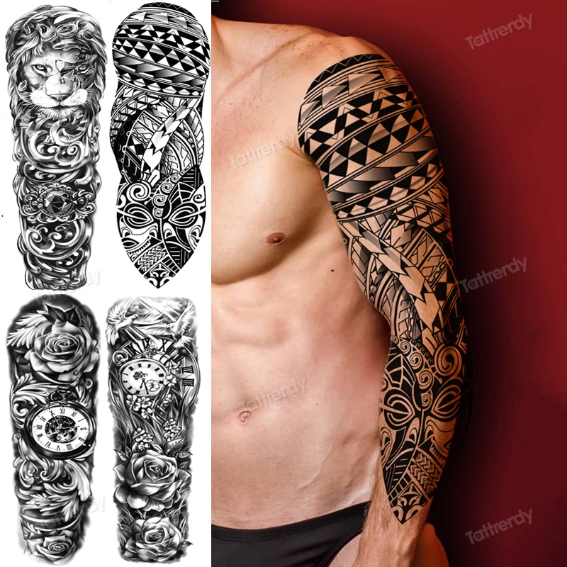 Tatuaje Temporal De Brazo Completo Máquina De henna Negra animal Tigre Manga Calavera De León Impermeable Grande