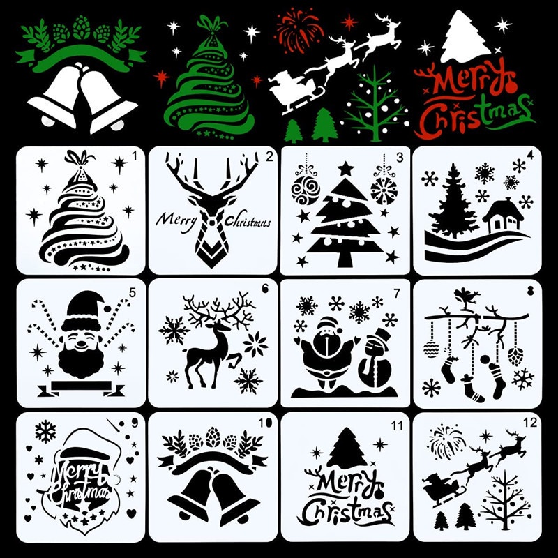 Juego De Plantillas De Navidad Para Pintar 6/12 Pzs Plantilla De Dibujo Reutilizable Incluyendo Árbol , Alce , Santa Claus , Muñeco De Nieve Para Ventanas Tarjeta De Felicitación Artesanía De Pared #1