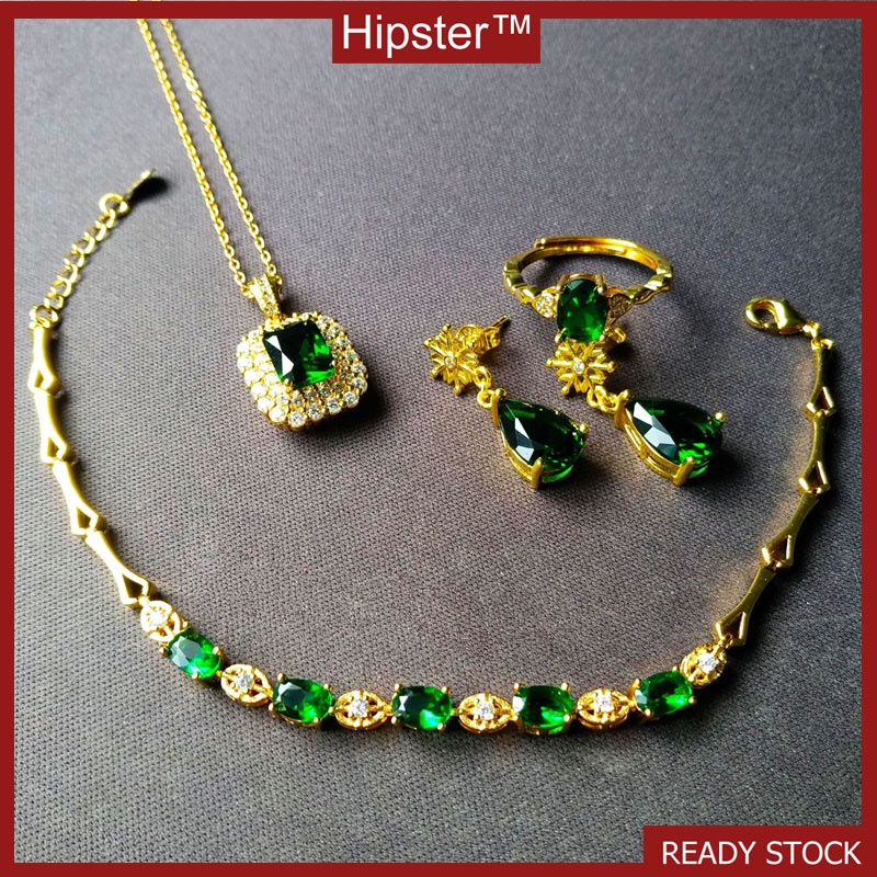 pendientes de copo de nieve completo diamante bajo lujo oro collar esmeralda anillo verde cristal pulsera conjunto #1