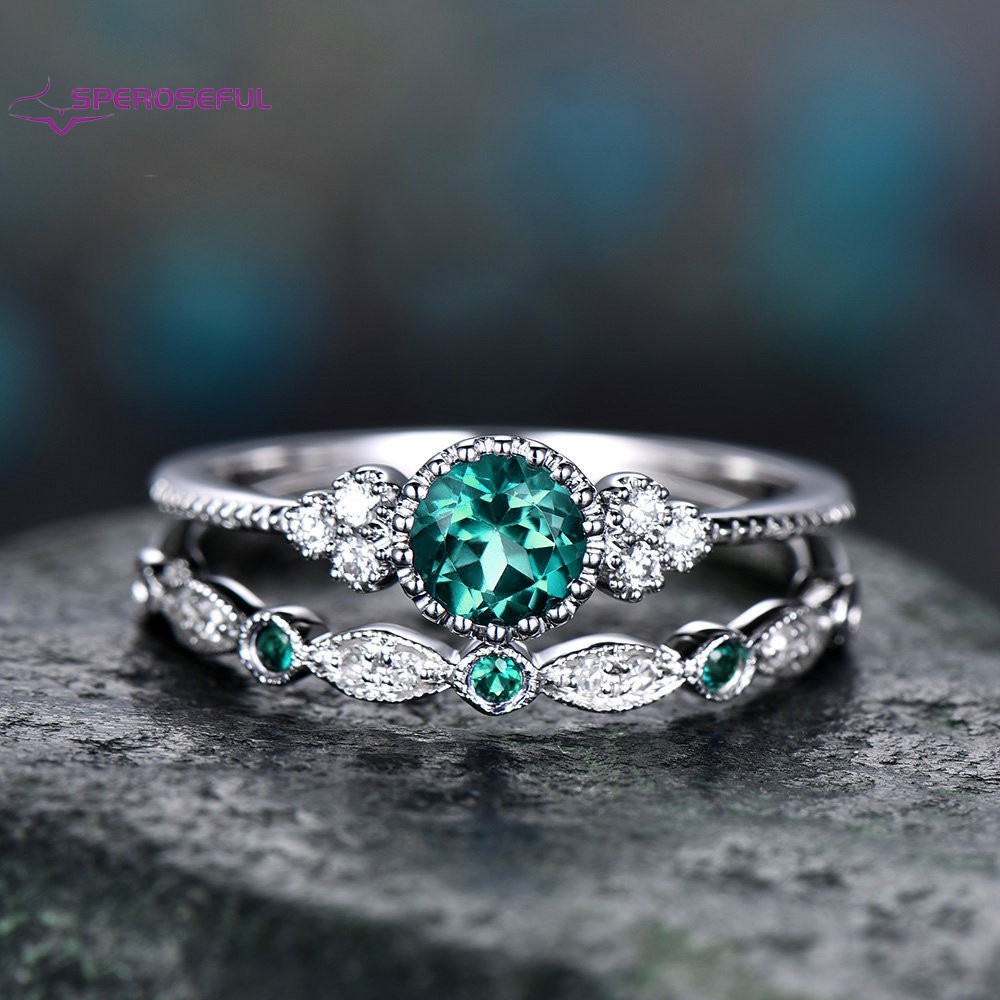 2 unids/set 2021 anillos de cristal de piedra azul verde de lujo para mujeres compromiso de boda #7