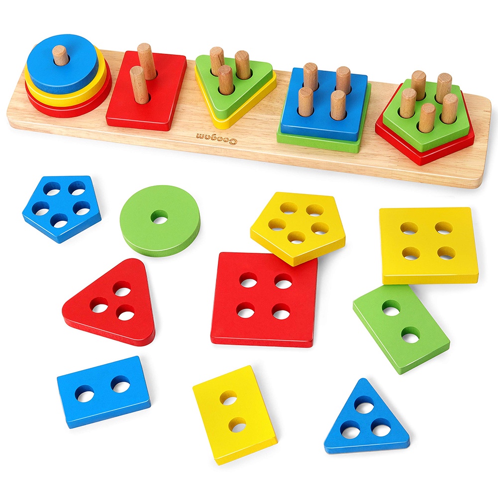 Yikky Aprendizaje preescolar de madera Forma Reconocimiento de colores Bloque de tablas geométricas Apilamiento Clasificación Rompecabezas Juguetes para bebés y bebés Reconocimiento de color y aprendizaje de geometría 
