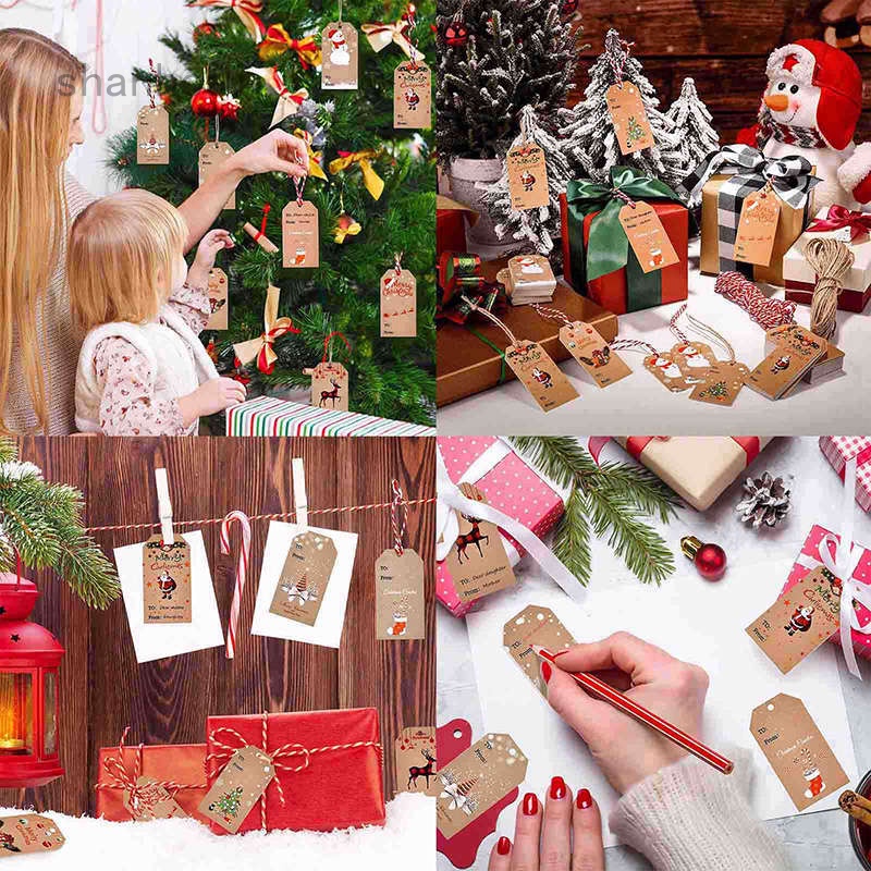 Etiqueta de papel Kraft 100Pc Navidad Etiquetas de envoltura de regalo mensaje Tarjetas Navidad Ornamento