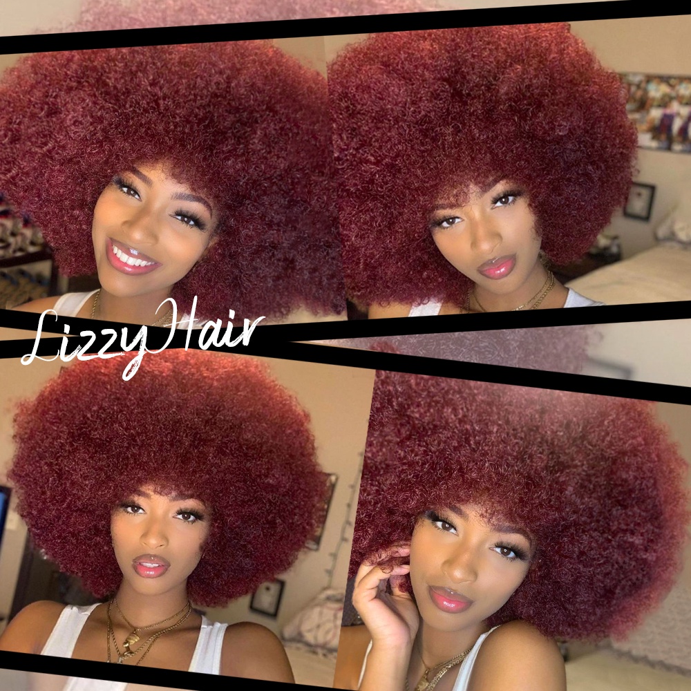 Corto Afro Rizado Pelucas Con Flequillos Para Bla Mujeres Africano Sintético Esponjoso Suave 99j Rojo Natural Sin Pegamento Peluca