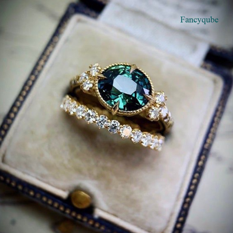 fancyqube de lujo de las mujeres de la moda de plata de ley 925 en oro de 18 quilates relleno natural verde esmeralda gema de diamante conjunto de anillo de aniversario compromiso regalo fiesta joyería de novia compromiso conjunto de joyería de boda #4