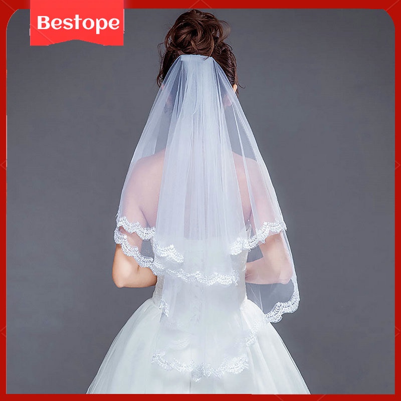 Velo De Novia Doble Hermosa Catedral De Marfil Velos Cortos De Boda Borde De Encaje Con Peine #5