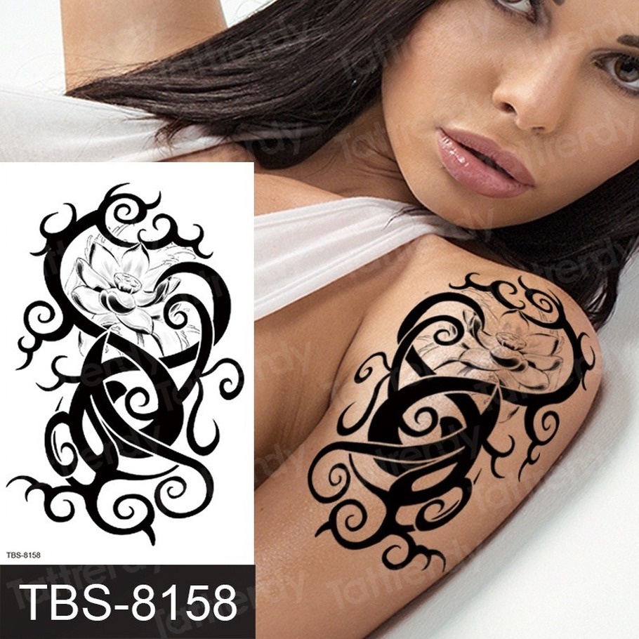 Image of Etiqueta Engomada Del Tatuaje De Las Mujeres De Los Hombres De La Manga Negra Máquina Brazo Dragón Tribal Cráneo Hombro Impermeable Tatuajes Henna Exquisita #3