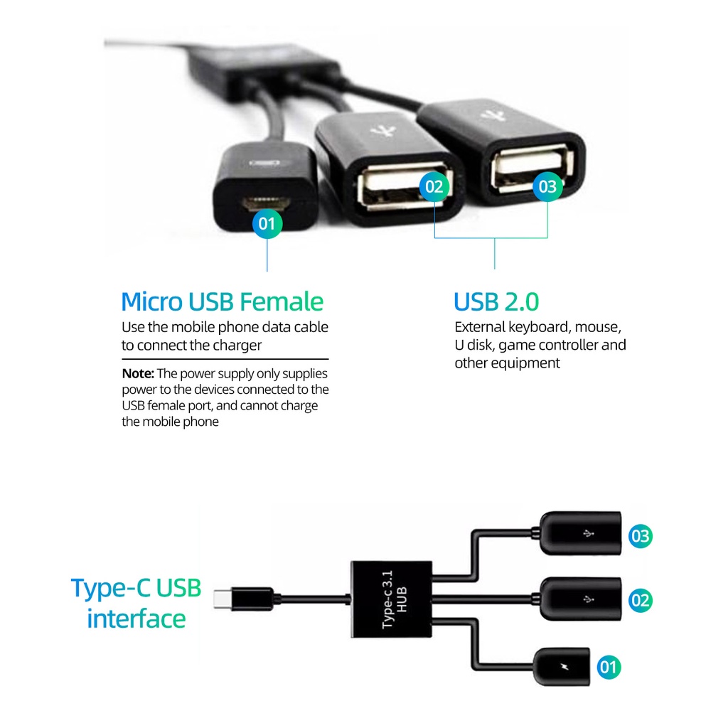 3 En 1 Micro USB OTG Adaptador De Cable De Teléfono Móvil Divisor HUB Para Xiaomi Samsung Datos Conector De Extensión