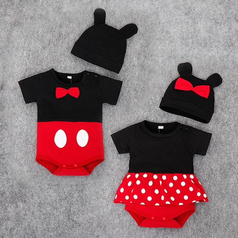 2pcs Bebé Niño Niña Peleles De Dibujos Animados + Sombrero Conjunto Mickey Mouse Mono De Algodón De Manga Corta Monos Recién Nacidos Gorra Traje #2