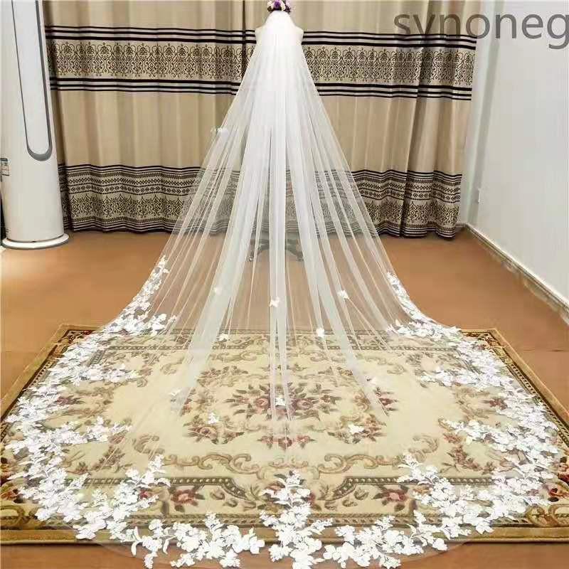 Velo De Boda De Una Capa De 3m Con Peine Blanco Borde De Encaje Velos De Novia Apliques De Marfil Catedral #1