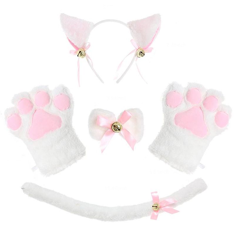 Image of EST Women Lady Cat Kitty Maid Cosplay Costume Set Plush Ear Bell Headband Bowknot Collar Choker Tail Paws Gloves Anime Props #8