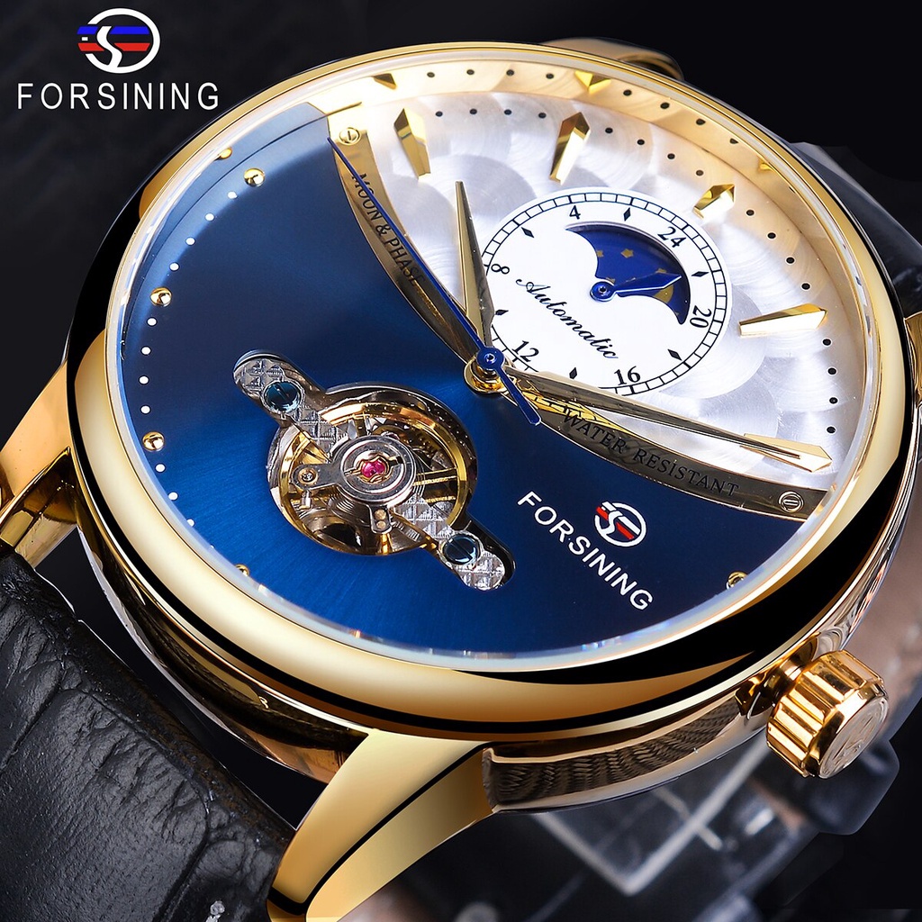 forsining tourbillon azul reloj automático hombres clásico moonphase diseño de cuero genuino banda impermeable negocios reloj de | Shopee Colombia