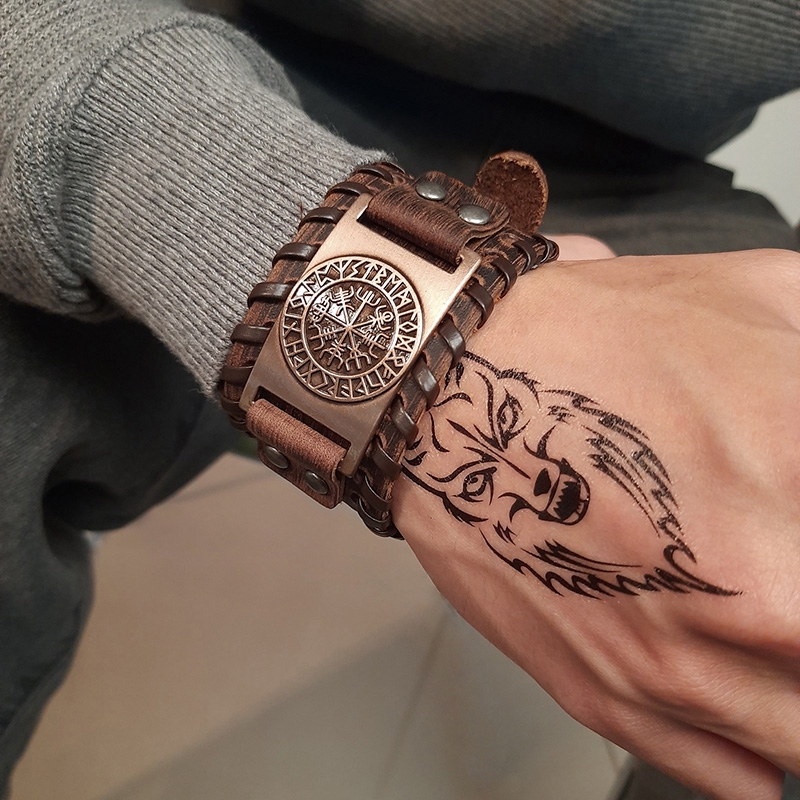 pulsera ajustable pulsera de brújula vikinga Vegvisir joyería de talismán Pulsera de cuero para hombre brazaletes nórdicos 