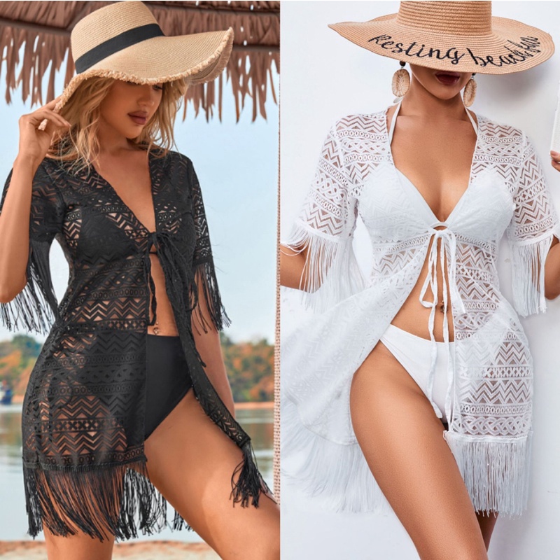 Elegante Encaje Costuras Con Flecos Con Cordones Cardigan Vestido De Las Mujeres 2022 Verano Bohemio Blanco De Manga Corta Bikini Traje De Baño Blusa Playa #1
