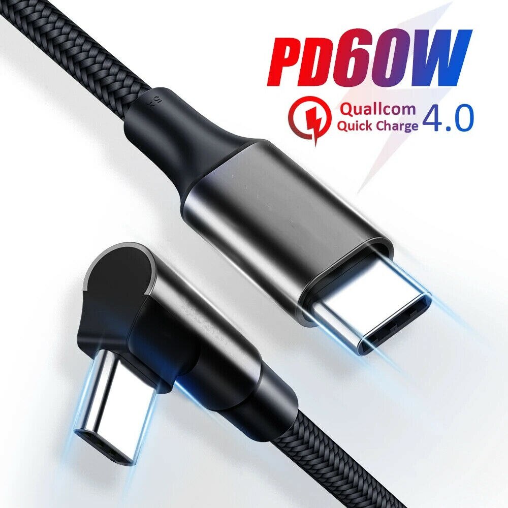 90 grados codo usb tipo c a usb c cable para samsung xiaomi redmi macbook 60w cable de cargador rápido pd type-c cable