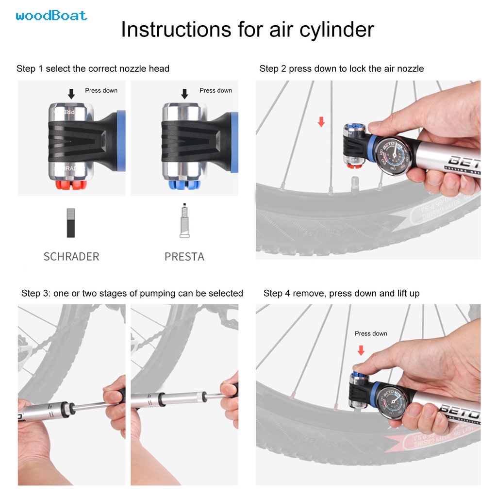 Image of woodBoat Aleación De Aluminio Ciclismo Neumático Inflador Presta Schrader Válvula 120PSI Con Manómetros Antideslizantes Para Bicicleta #1