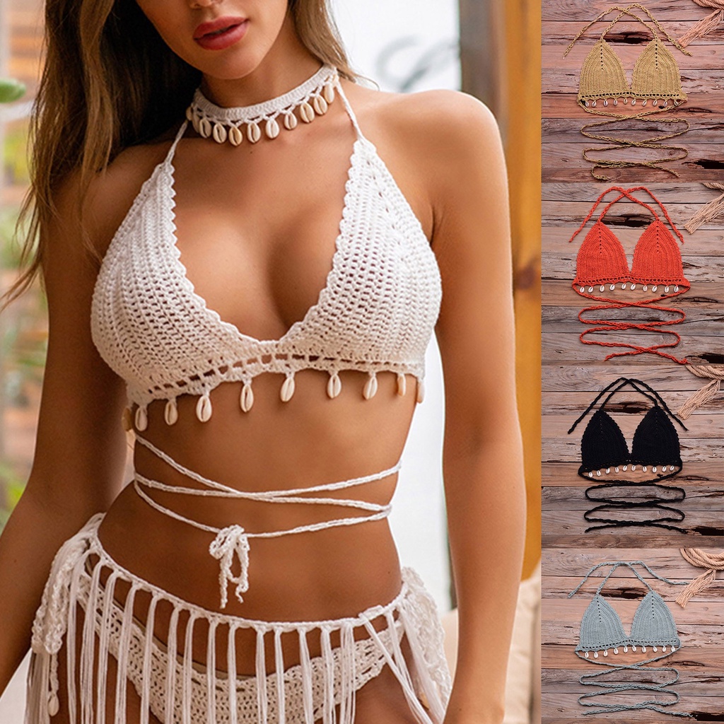 Cuerda autómata eco shein^_^ mujer nueva moda sexy hueco puro tejido a mano shell bikini top  traje de baño | Shopee Colombia