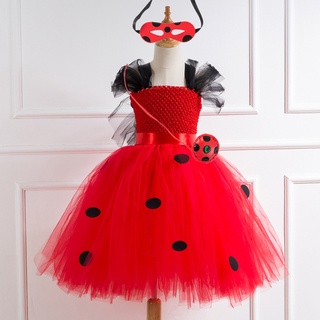 Image of 3RGJ 2021 Christmas 2-12Y Girl's Ladybug Cospaly Costume Children Theme Birthday Party Costume New Year Red Princess Tutu Dress Children Holiday Dress--H