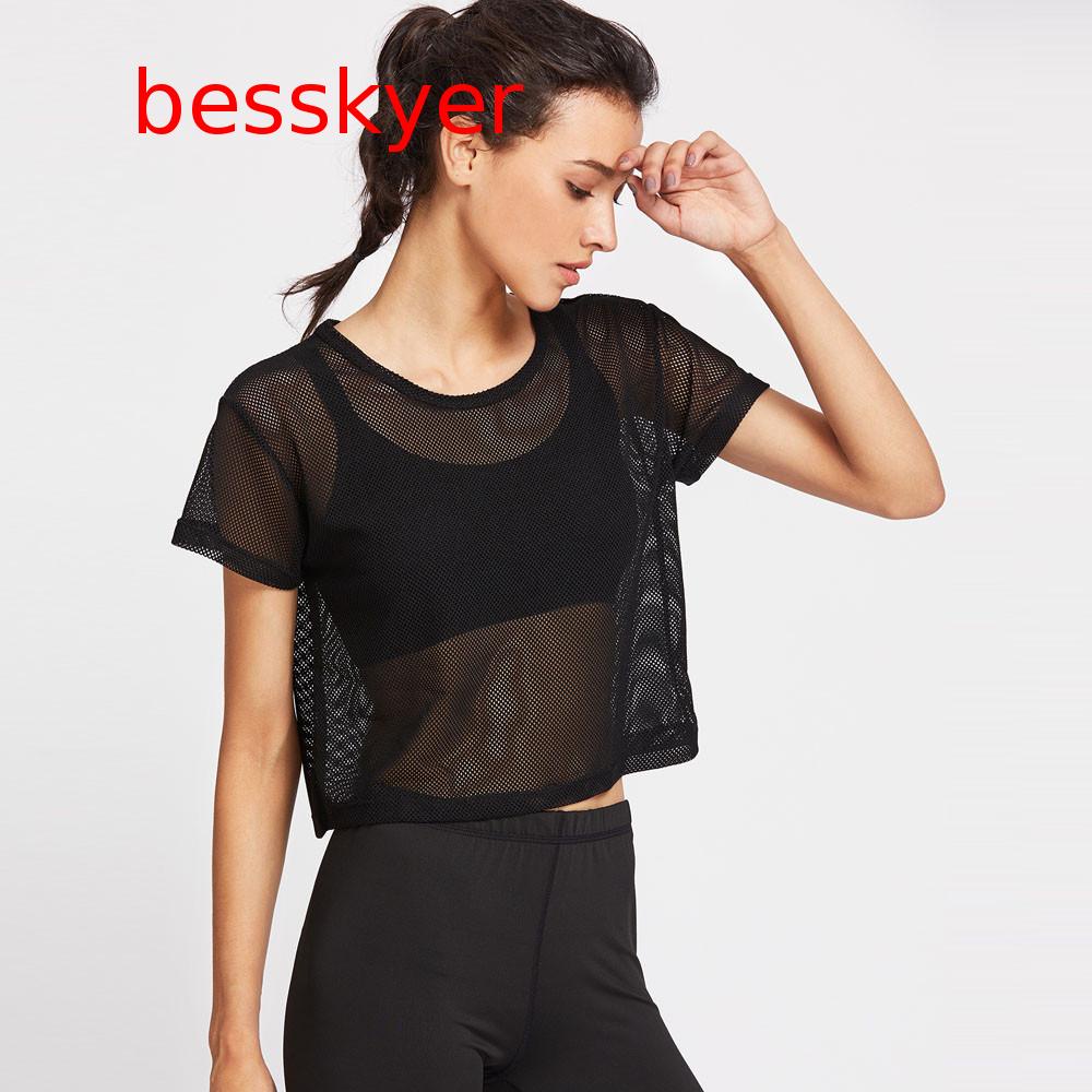 ❤ besskyer Camiseta Malla Deportiva Para Mujer Con Para Mujeres Blusa Negra |