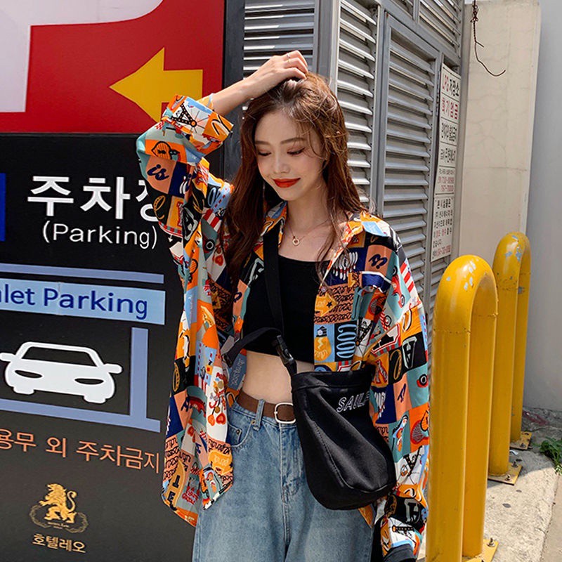Las mujeres de gran tamaño camisa de impresión coreana de manga larga suelta blusa en verano | Shopee Colombia