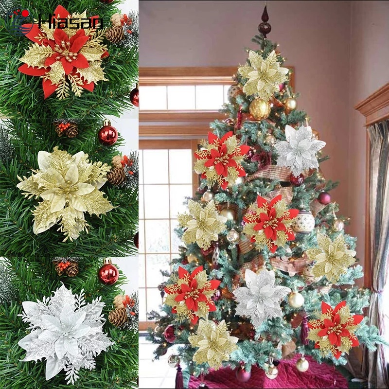 5 pzs flores falsas De decoración navideña/14 cm De navidad brillante Flor  De Seda Artificial/decoración De árbol De navidad | Shopee Colombia