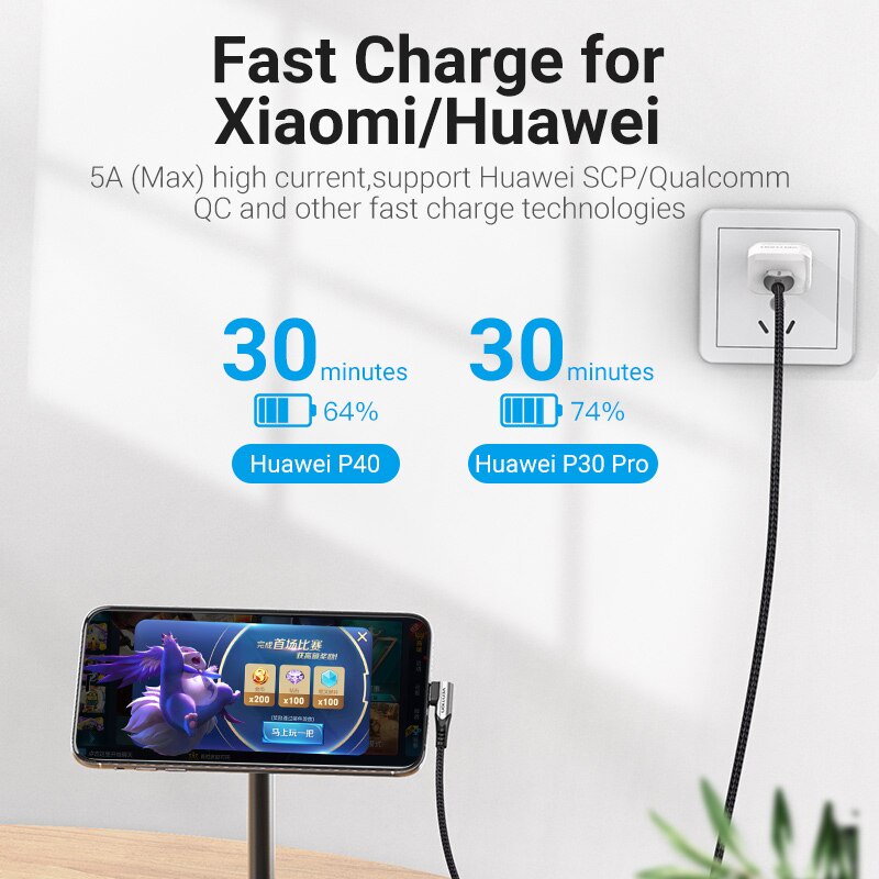 Vention 5A Cable USB Tipo C Super Charge 40W Carga Rápida 3.0 SCP Cargador De-Extra Largo Durable Nylon Trenzado Para Huawei Samsung Xiaomi Teléfono Móvil