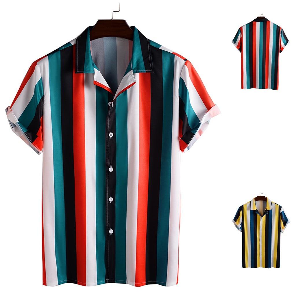 Camisa De Verano Para Hombre Casual Manga Corta Camisas Hawaianas Cuello De Pie Estampado A Rayas Delgada Fresca Ropa Para Hombres #3