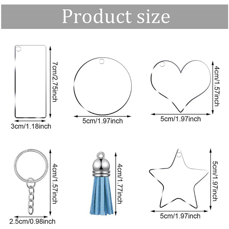 Glad 108 Piezas De Acrílico Transparente Redondo Estrella Rectangular Forma De Corazón Espacios En Blanco Llavero Borla Conjunto