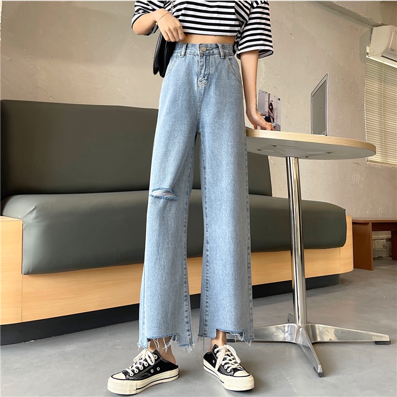 fotografía emitir Confirmación Jeans Sueltos De Pierna Ancha Para Mujer Casual De Cintura Alta Rasgados  Pantalones De Mezclilla | Shopee Colombia