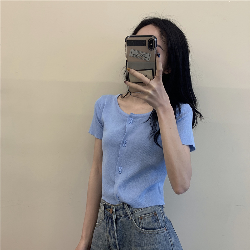 Las Mujeres Altas Cardigan Manga Corta Slim Tejer Crop Tops Todo-Partido De Color Sólido Estudiante Dulce Cuello Redondo T-shirt Coreano #7