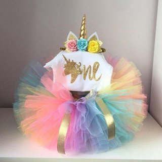 Image of WPY8 3Pcs Newborn Kid Baby Girls 1st Birthday Unicorn Romper Rainbow Tutu Skirt Dress