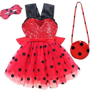 Image of BKDR Girl's Ladybug Sequins Sling Fluffy Dress Children Performance Costume With Bag Mask--A