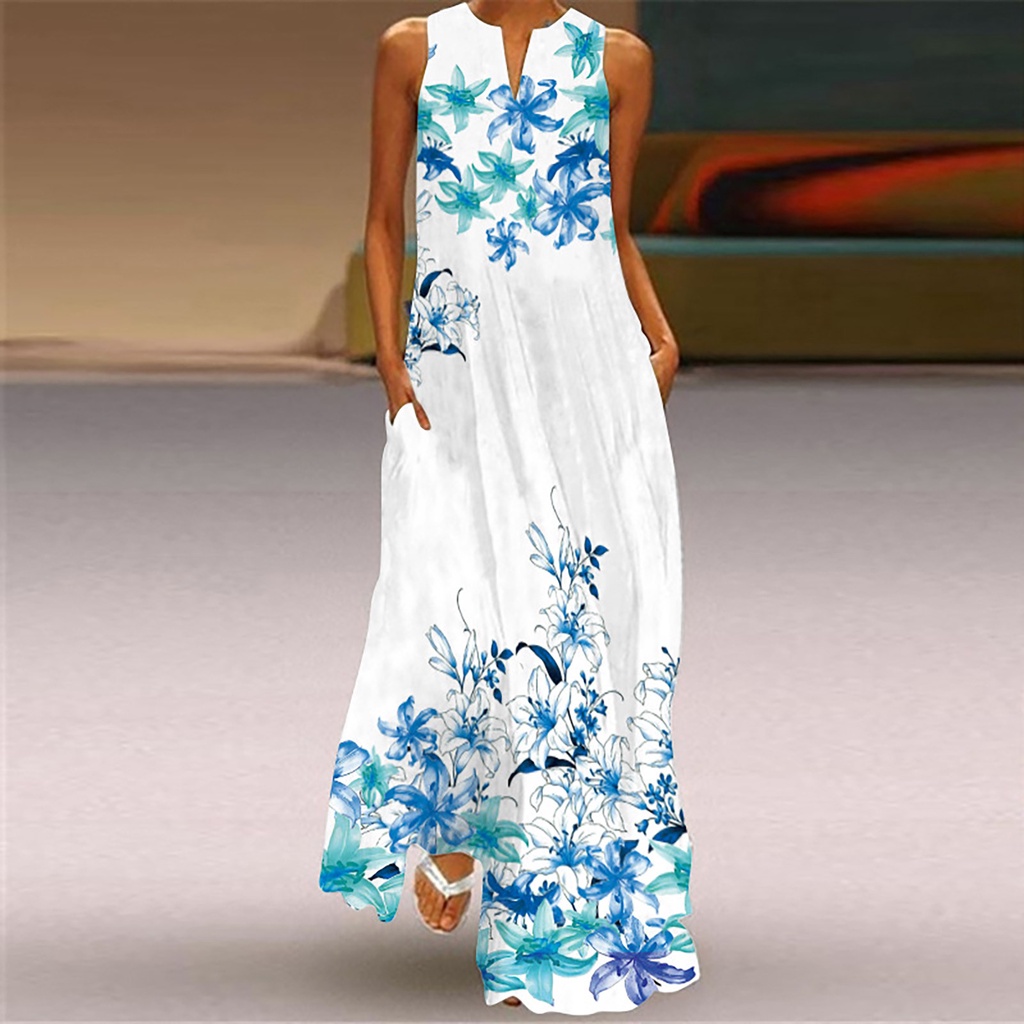 iYBWZH Women’s Summer Casual Dresses Fashion Printed Sleeveless V-Neck Dress Split Hem Baggy Kaftan Long Dress 