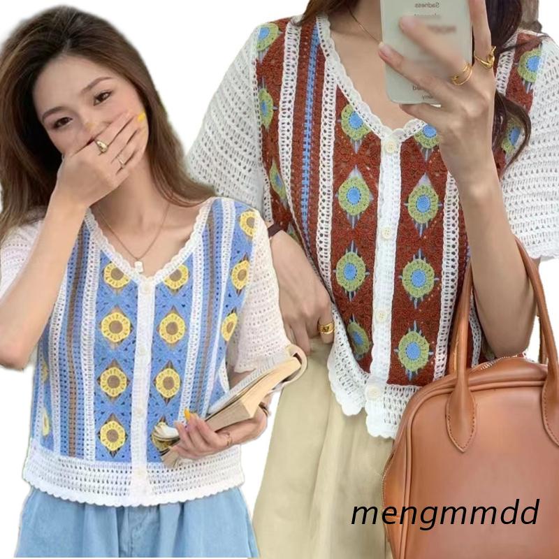 meng Mujeres Francés Recortado Cardigan Manga Corta De Punto V-Cuello Botón Abajo Suéter Chaqueta Hueco Ganchillo Cuadros Capa Delgada #9