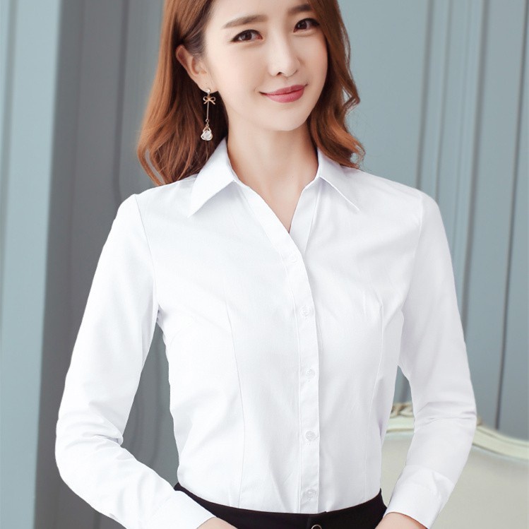Blusa Blanca Sólida De Manga Larga Para Mujer Camisas De Trabajo Blusas Formales Para Oficina | Shopee Colombia
