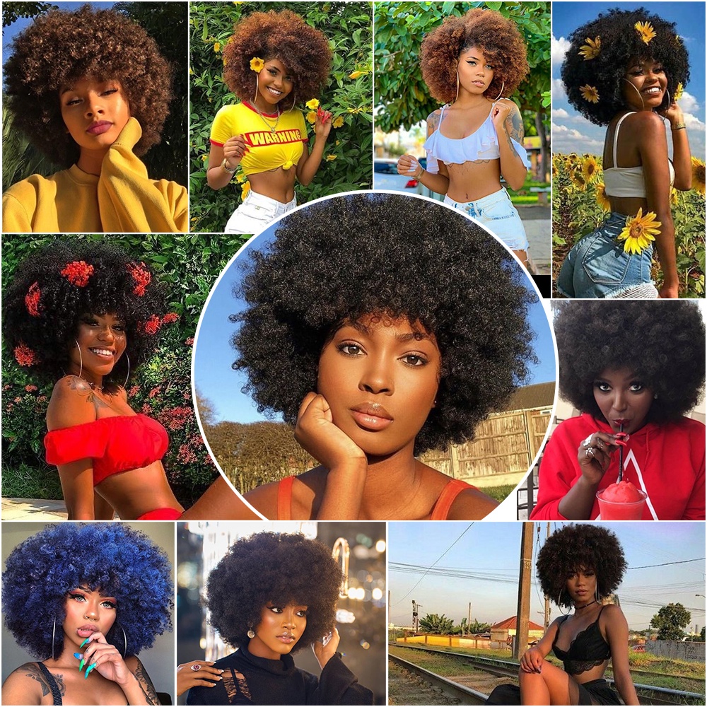 Image of  Corto Afro Rizado Pelucas Con Flequillos Para Bla Mujeres Africano Sintético Esponjoso Suave 99j Rojo Natural Sin Pegamento Peluca #4