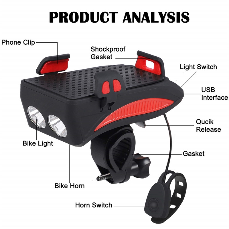 4 en 1 Luz Bicicleta Recargable por USB, Linterna LED de bicicleta impermeable Luces nocturnas con Bocina de aire de bicicleta, soporte para teléfono y banco de energía, luz delantera de seguridad para ciclistas con fácil instalación