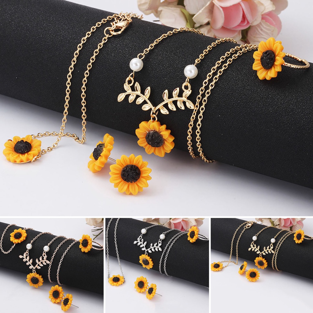 PTM-4 Unids/Set Conjunto De Joyas Para Mujeres En Forma De Girasol  Decoración De Hoja Inoxidable Vívida Collar Anillo Joyería Para Boda |  Shopee Colombia