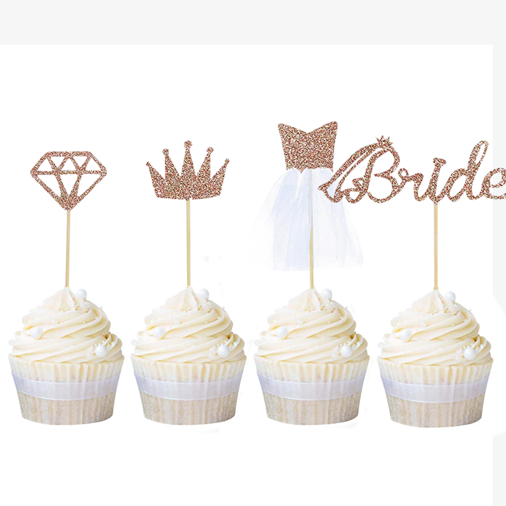 decoración para cupcakes KKTICK Decoración para cupcakes con purpurina 33 piezas de decoración para tartas con purpurina para novias con corona de diamantes oro rosa vestido de novia en 3D 