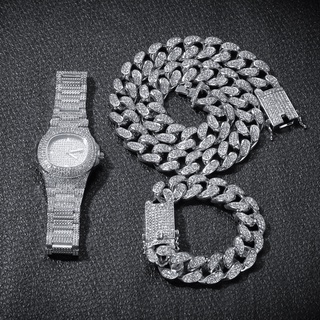 Image of Collar Cubano Reloj De Hombres Hip Hop Joyería Pulsera De Plata Cadena Cubana Diamante Tudded Full Diamond Watch + 20cm + 50cm Cuban Cha