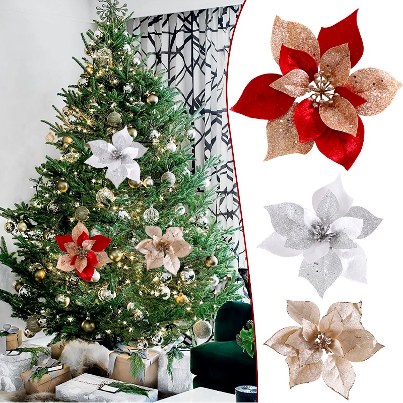 36 Unids Glitter Poinsettia Flower Decoración del árbol de Navidad Flor DIY Flores artificiales para guirnalda de Navidad Arreglo floral Decoración de la boda plata 
